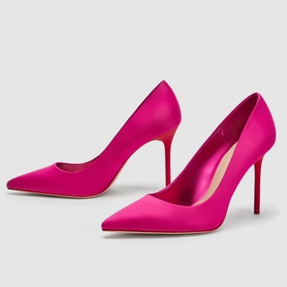 ZARA FUCHSIA BARBIE PINK SATIN PUMPS WITH CONTRASTING HEELS